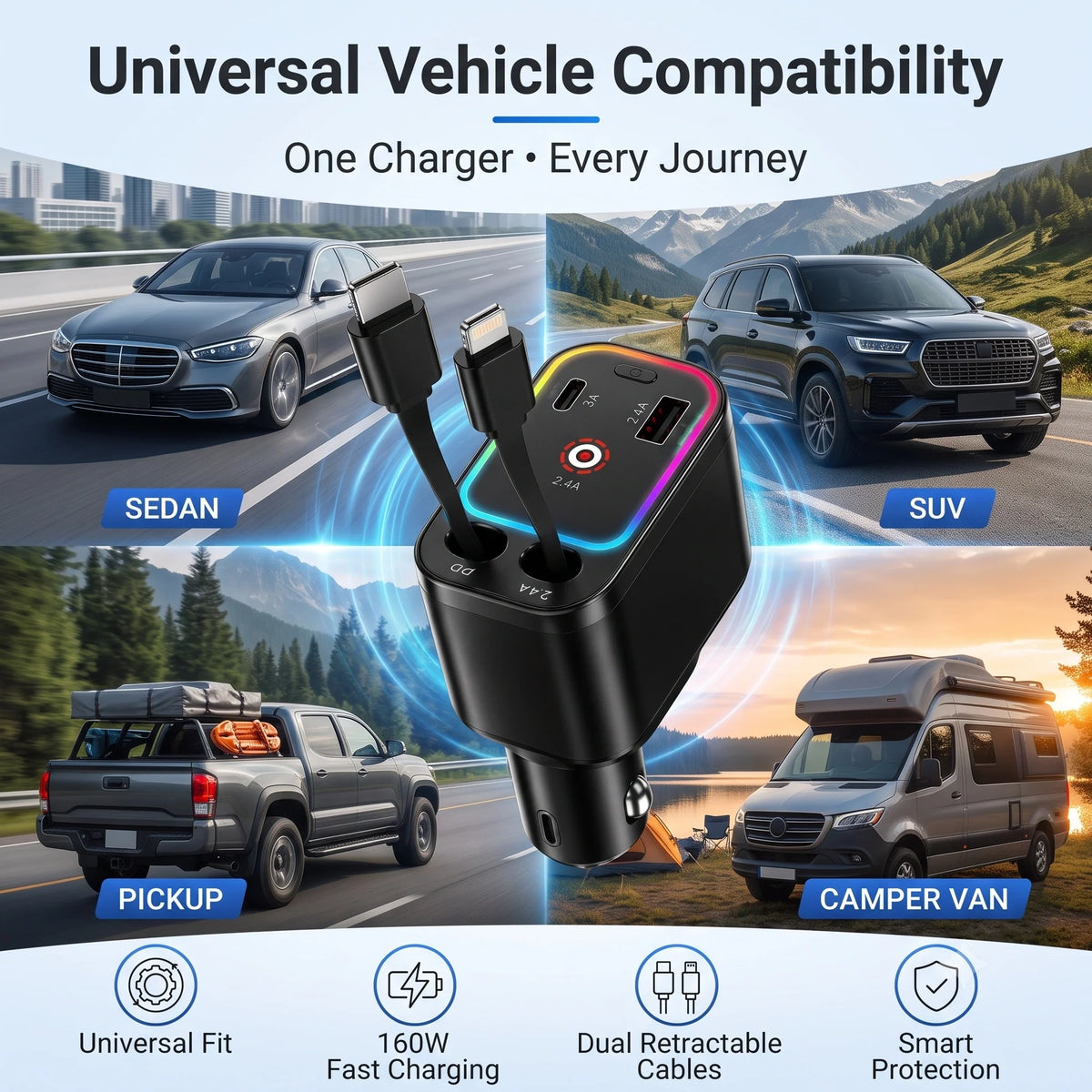 Super Fast 4 in 1 Car Charger 120W Fast Charging