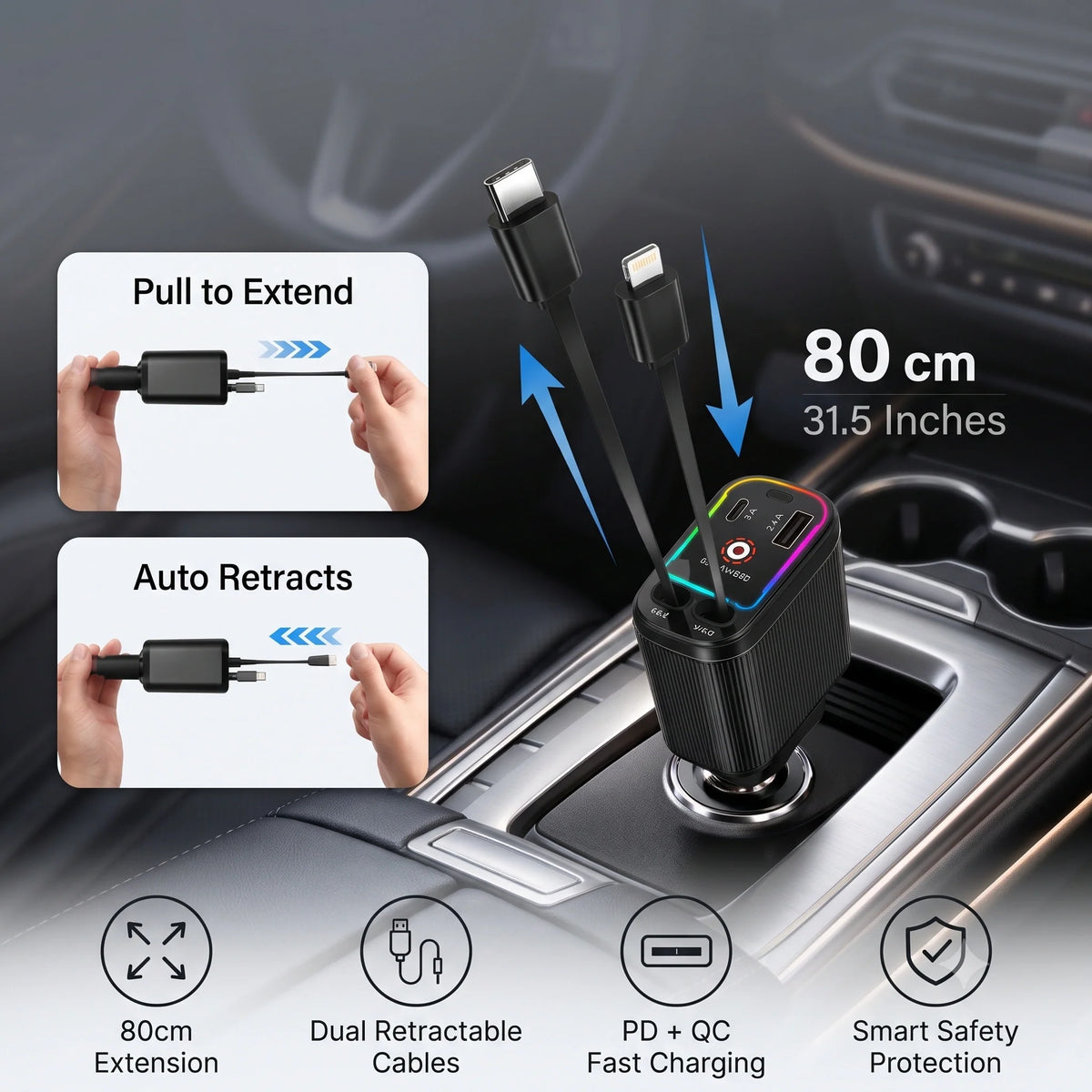 Super Fast 4 in 1 Car Charger 120W Fast Charging